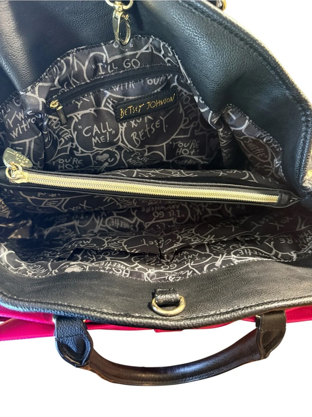 Betsey Johnson Black & Hot Pink Bow Accent Satchel Handbag